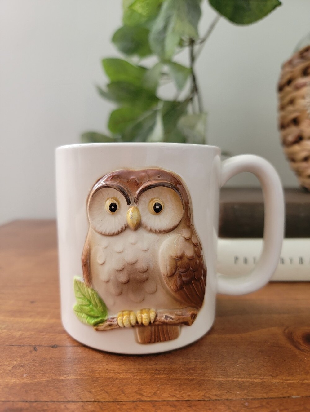 Vintage Otagiri 1981 2 Sided Raised Owl Pattern Ceramic Coffee Mug Tea Cup